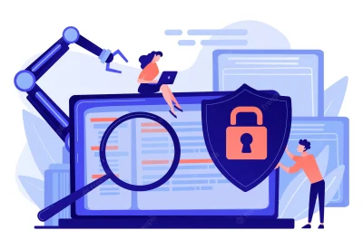 desarrolladores-robots-trabajan-computadora-portatil-lupa-ciberseguridad-industrial-malware-robotica-industrial-salvaguardia-concepto-robotica-industrial_335657-1902